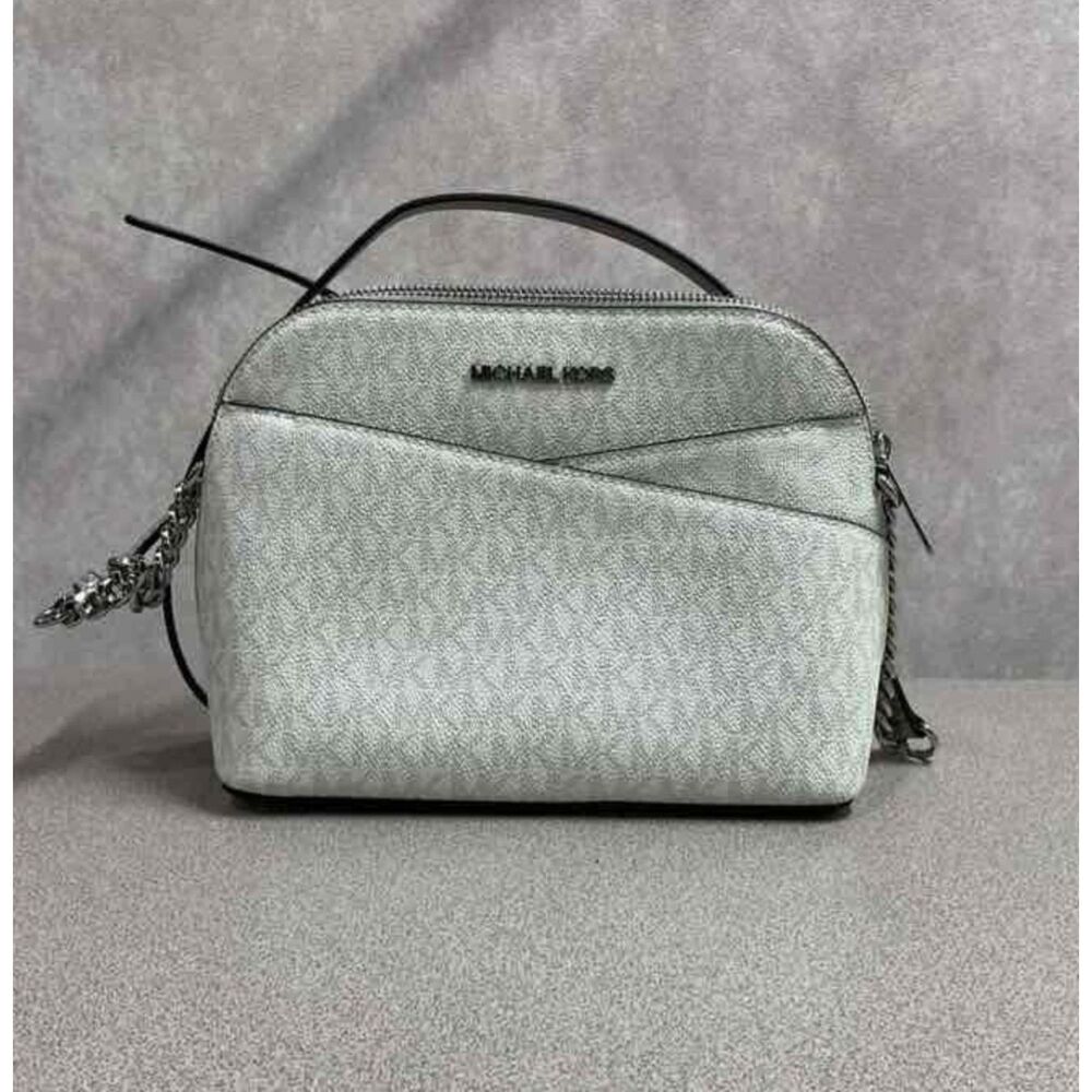 Michael Kors Jet Set Travel Medium Signature Logo Dome Crossbody Bag Silver